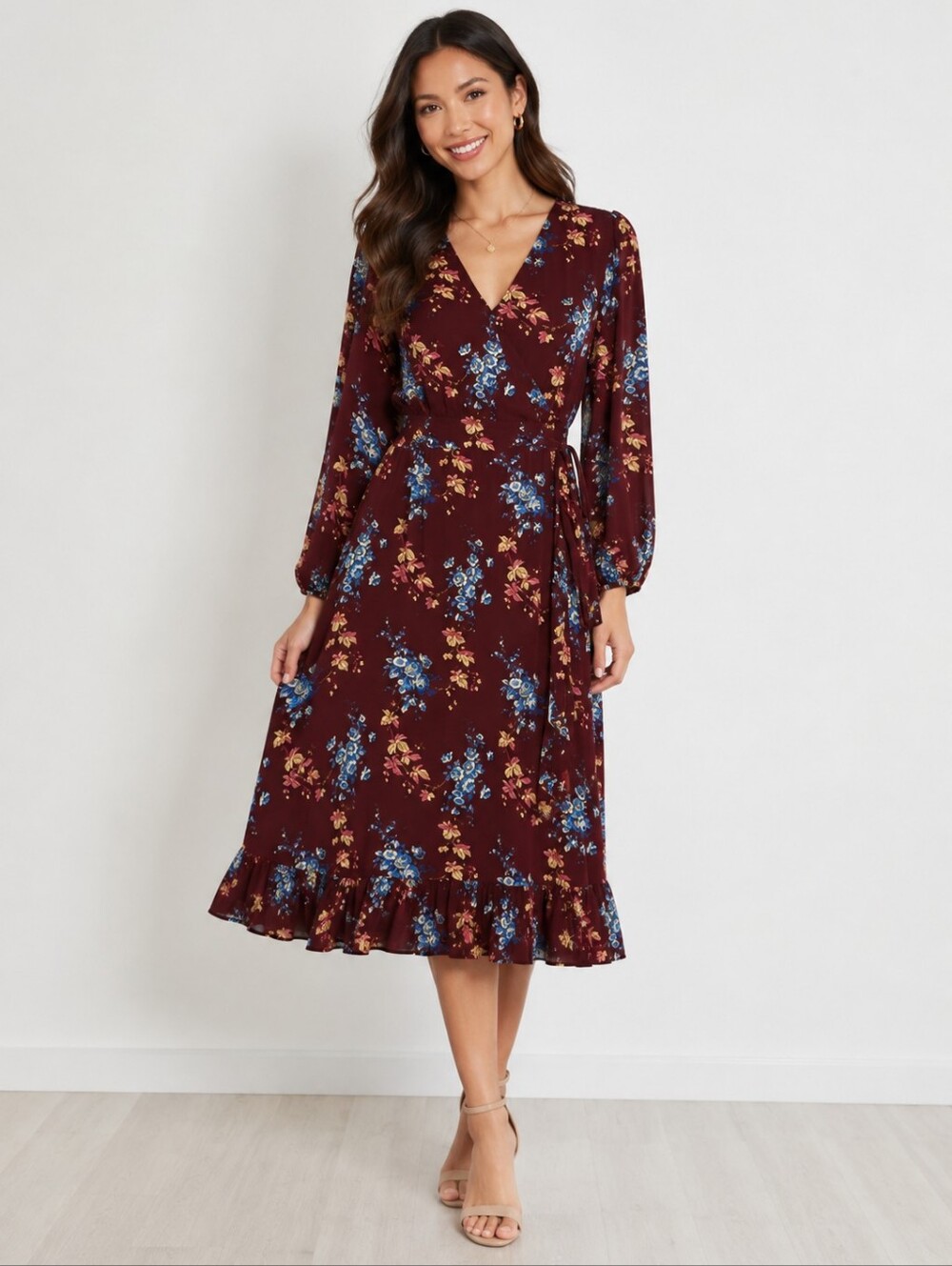 PAIGE  Silk Burgundy Floral Wrap Midi Dress